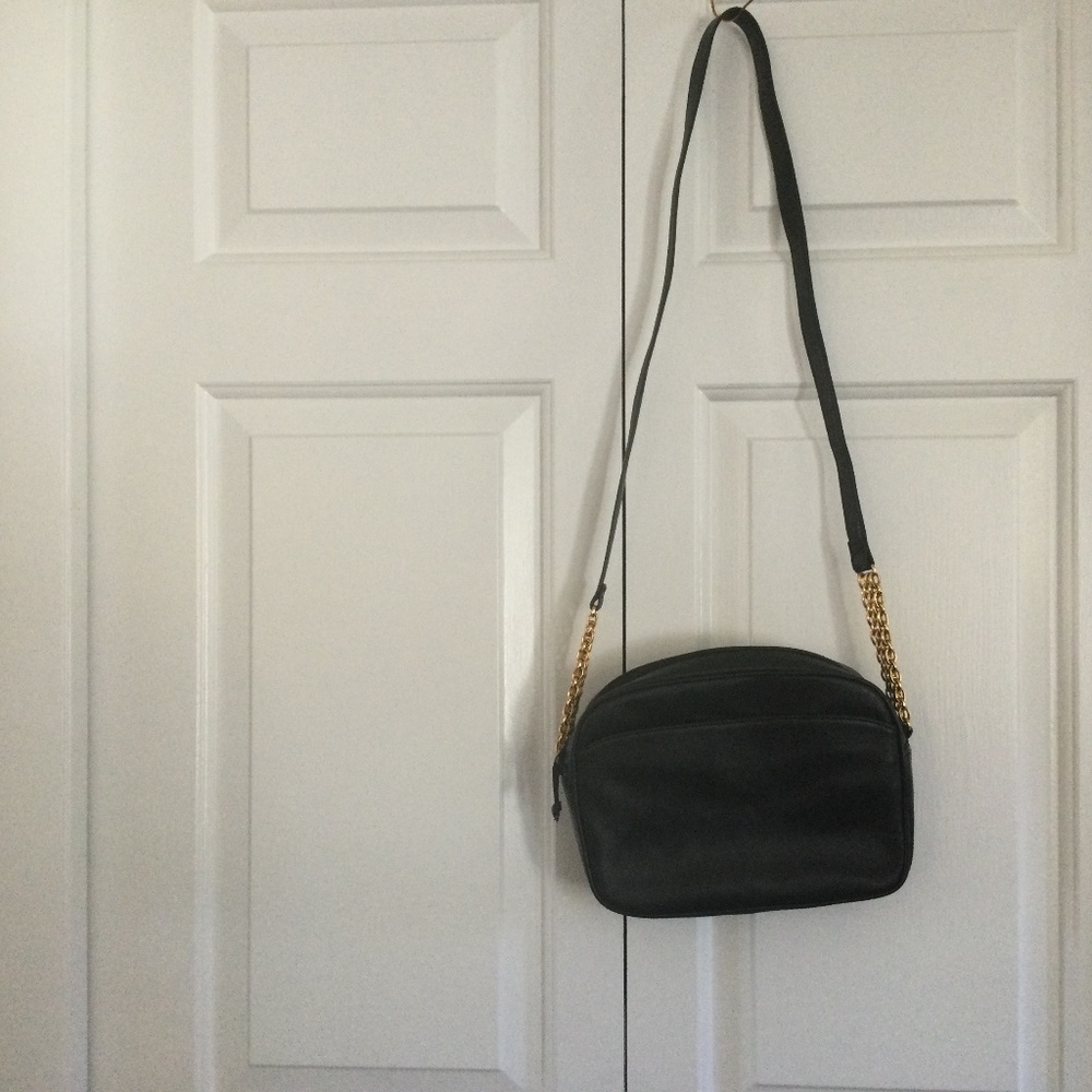 Navy Leather 9”x 7” Crossbody bag w 24” strap, w  heavy side gold chain